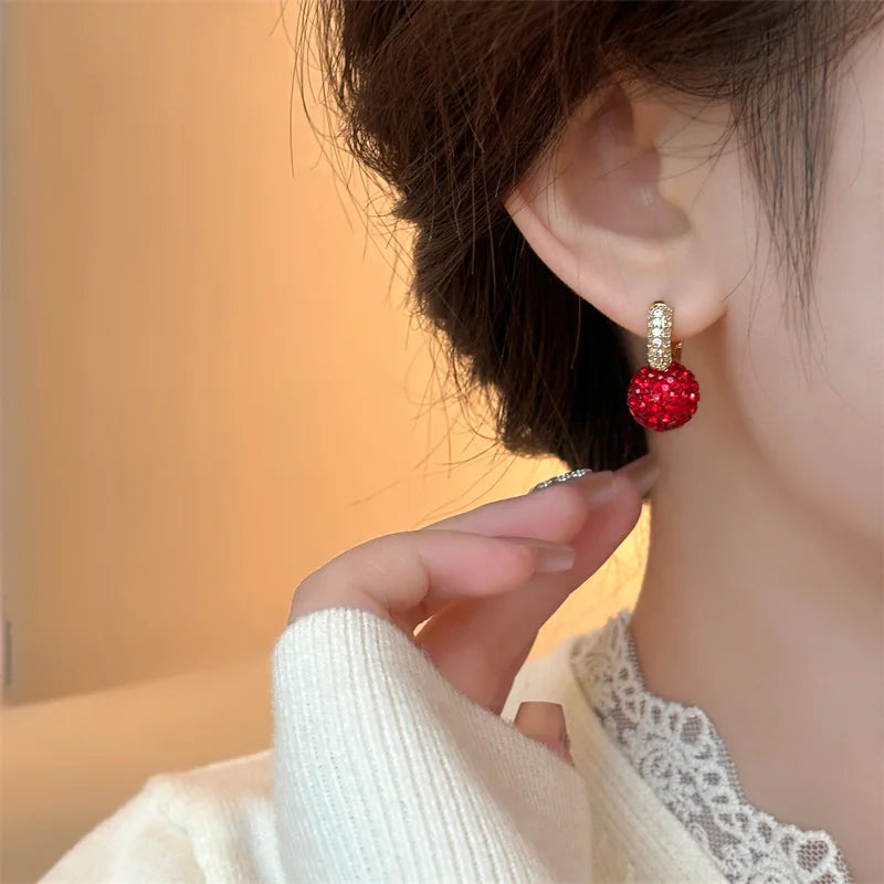 Shining Red Color Crystal Ball Pendant Earrings 2025 Micro Set Zircon Metal Ear Buckle for Women's Fashion Jewelry Accessories
