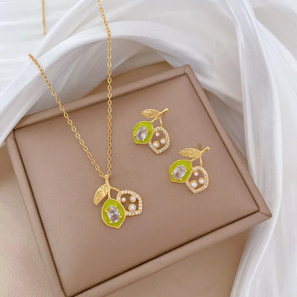 DIEYURO 316L Stainless Steel Butterfly Flower Bowknot Necklace Earrings For Women Girl New Concise Trendy Jewelry Set Gift Party