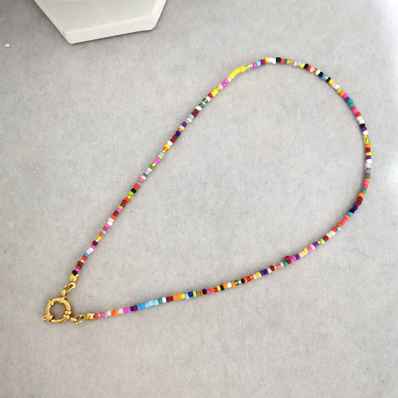 QMHJE Imitation Pearl Necklace Women Choker Seed Beads Rainbow Stainless Steel Clasp Sailor Buckle Base Chain Gold Color Boho