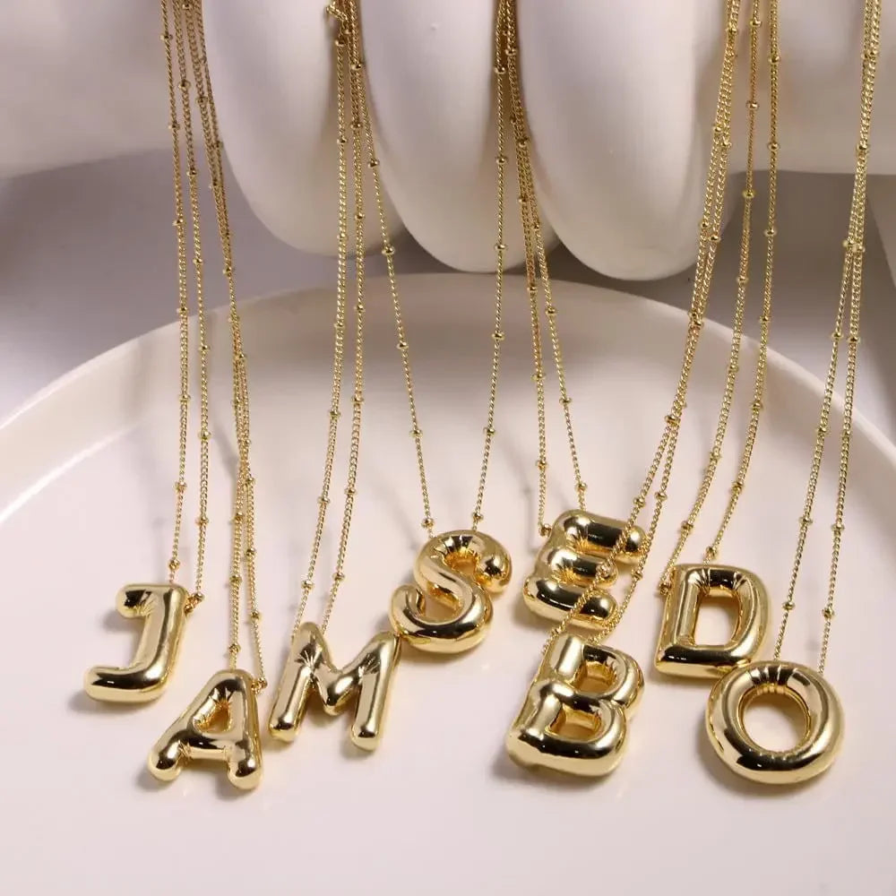 Gold Plated Metal Chunky Alphabet Balloon Bubble Initial Letter Pendant Necklace for Women Men Boy Fashion Jewelry