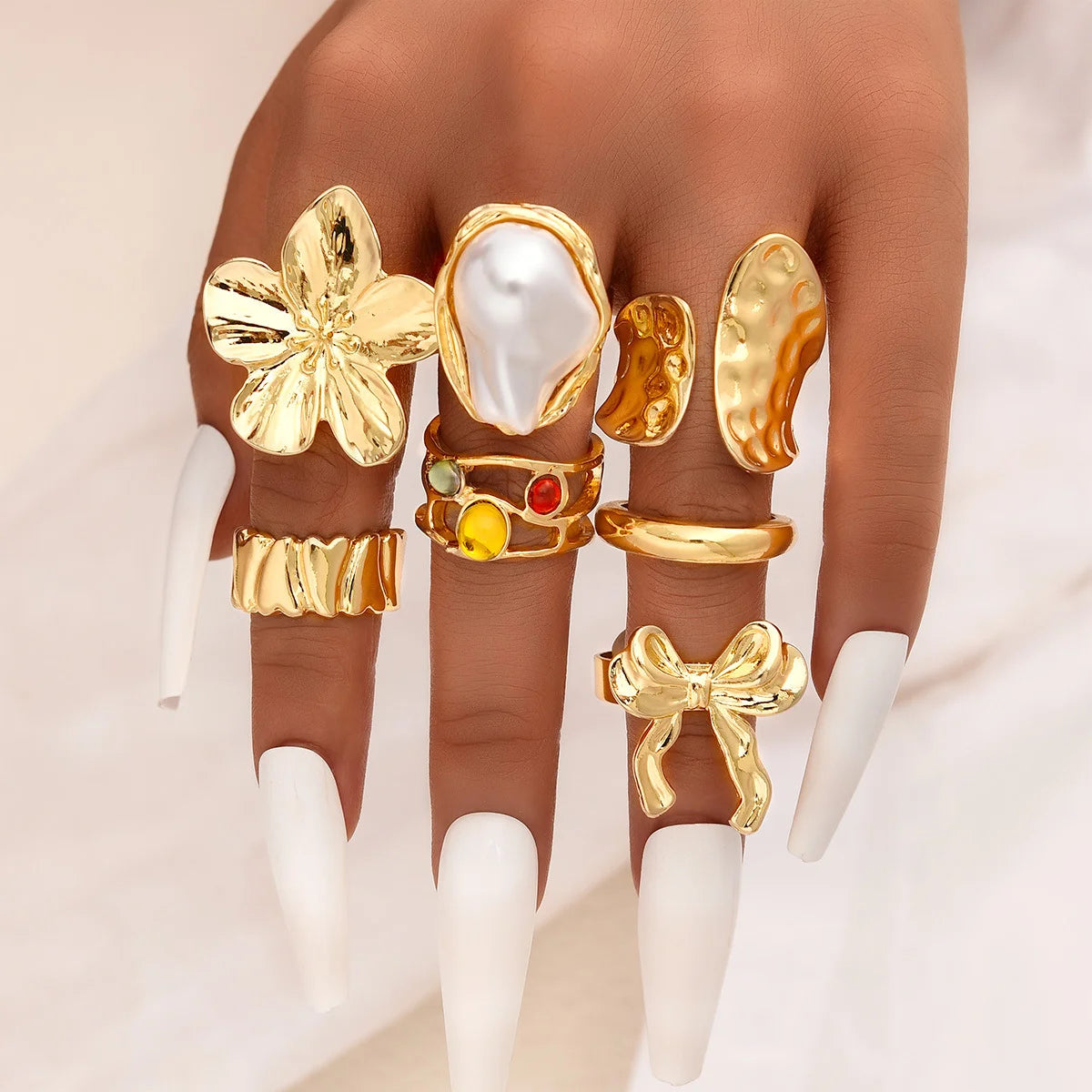 Vintage Smooth Flower Shell Design Ring Set Fashion Elegant Bohemian Starfish Personalized Ring Party Holiday Daily Wear Jewelry
