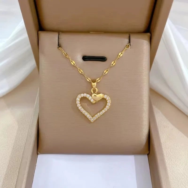 Trendy Heart Stainless Steel Zirconia Necklaces for Women Girls Love Gold Color Metal Necklace Party Birthday Daily Jewelry