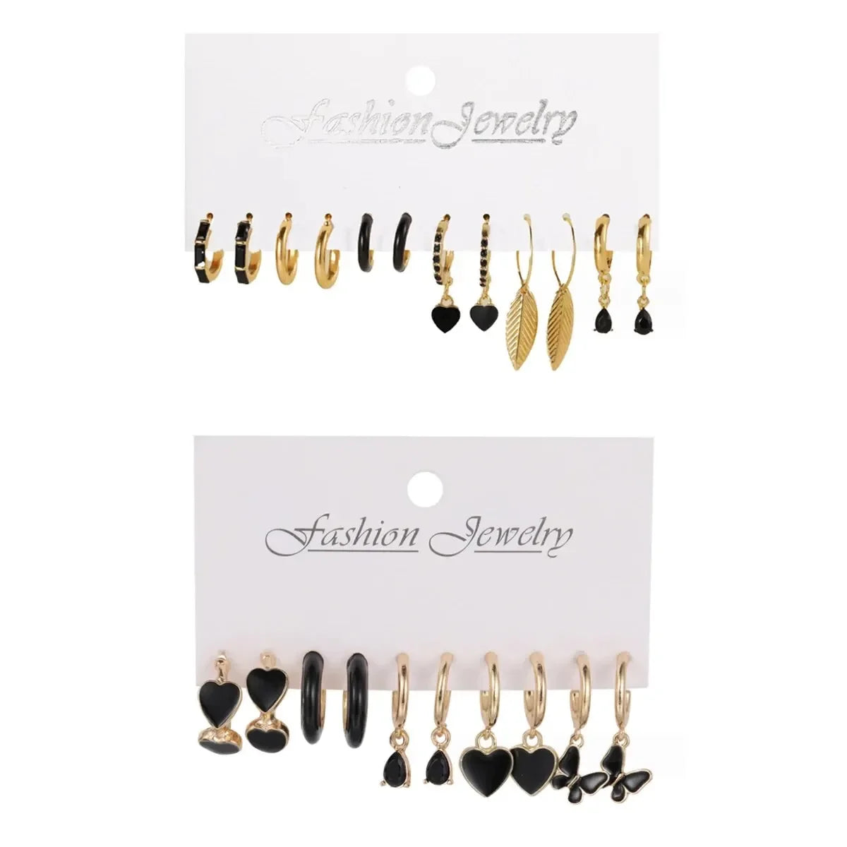 Simple 11 Pcs Black Heart  Leaf Butterfly Earrings Set for Women Fashion Temperament Hoop Earring Holiday Wedding Jewelry Gift