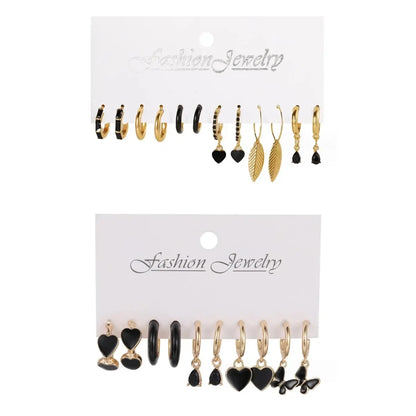 Simple 11 Pcs Black Heart  Leaf Butterfly Earrings Set for Women Fashion Temperament Hoop Earring Holiday Wedding Jewelry Gift