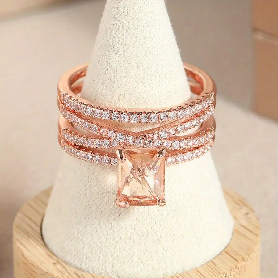 Fashion Multilayer Morganite Ring Rose Gold Color Champagne crystal stone Rings for Women Wedding Band Jewelry Mother days Gifts