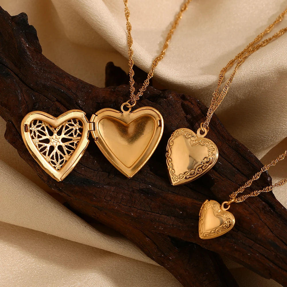 E.B.belle Flower Pattern Hollow Heart Photo Box Pendant Necklace For Women Stainless Steel Jewelry 18K Gold Plated Souvenir Gift