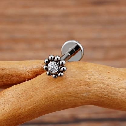 Right Grand ASTM F136 Titanium 16G Mini Beaded Sun Labret Stud CZ Flower Tragus Cartilage Helix Conch Nose Piercing Body Jewelry