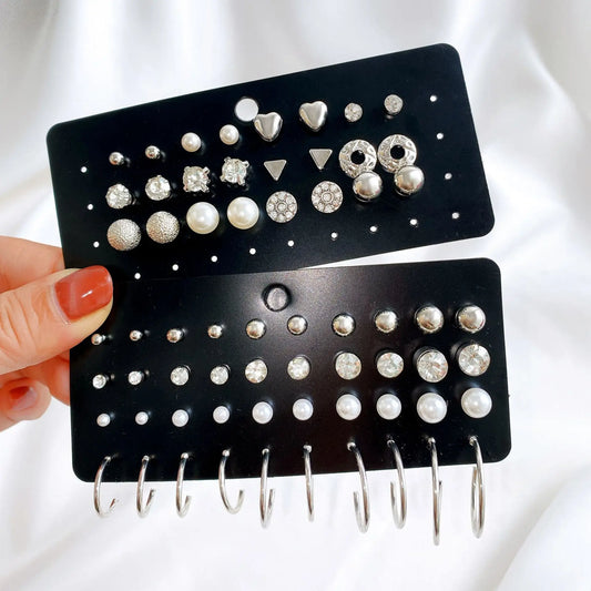 32 Pairs Vintage Silver Color Earrings Set Geometry Pearl Zircon Heart Ear Studs For Women Girls 2024 New Trendy Simple Jewelry