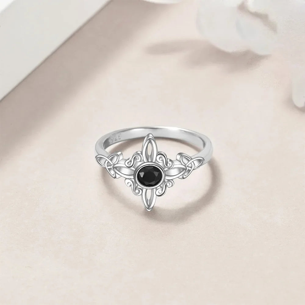 925 Silver Plating Witches Knot Rings for Women Obsidian Celtic Trinity Knot Ring Pagan Wicca Cross Jewelry New Year Gift