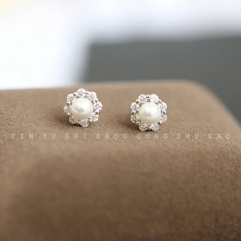 Vintage Disc Pearl Zirconia Stud Earrings Women, S925 Sterling Silver, Gentle Jewelry, Girly Gift, Daily Occasion, High Quality