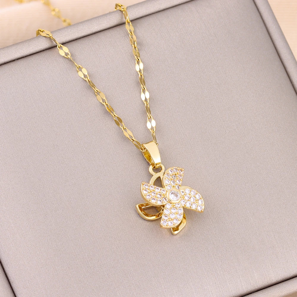 Trendy 18K Gold Plated Zircon Crystal Pendant Stainless Steel Necklace For Women Female Clavicle Chain Jewelry Lady Accessories