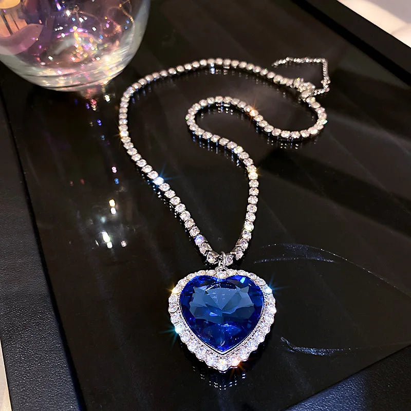 Titanic Heart Of Ocean Blue Crystal Love Heart Pendant Necklace for Women Full Rhinestone Chain Collar Lover Forever Jewelry