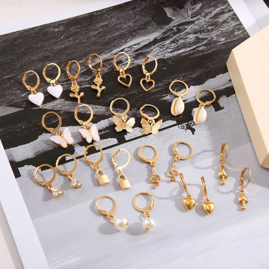 24 Pcs European and American Boho Big Circle Hoop Earring Set for Women Gold Color Vintage Pearl Earring Heart Zircon Jewelry