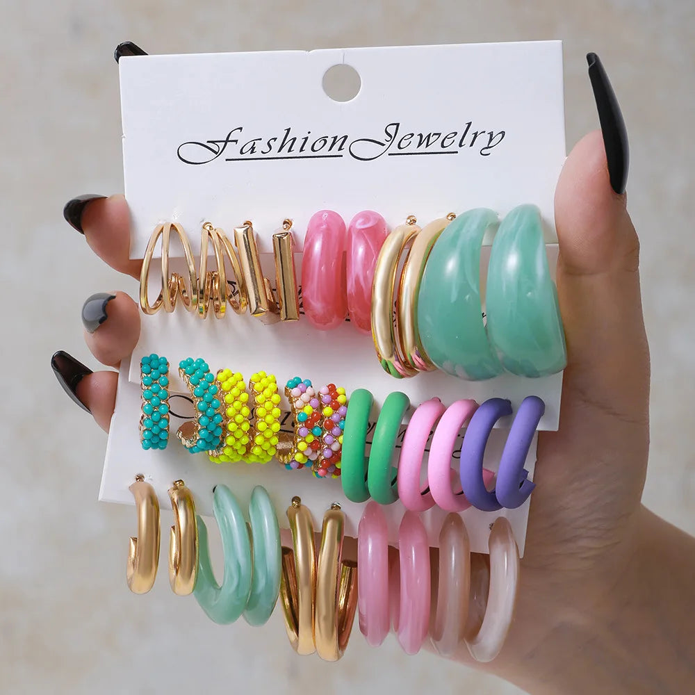 KMVEXO Gold Color Dangle Earrings Set Colorful Pearl Acrylic Hollow Drop Earrings for Women Hoop Earring Fashion Jewelry Gifts