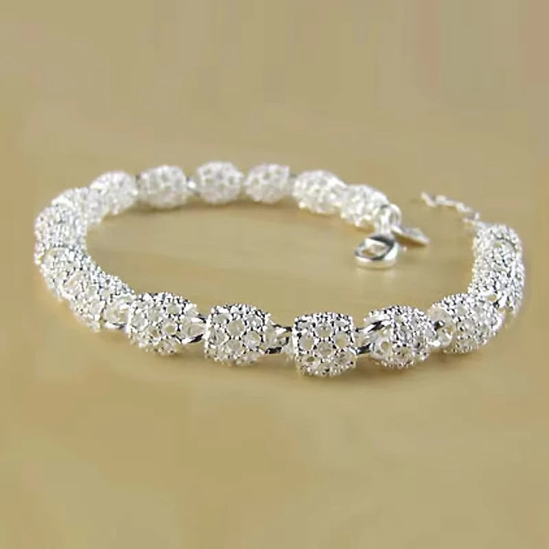 925 Silver Flower Beads Charm Bracelets For Women Hollow Ball Silver Bracelet Adjustable Wedding Party Jewelry Gifts