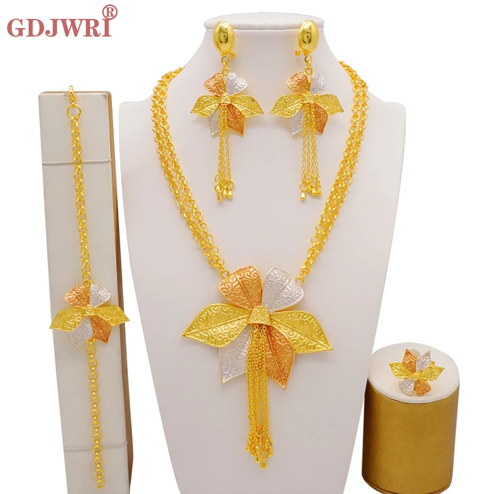 Dubai Gold Color Jewelry Set For Woman Bridal Nigerian African Long Chain Necklace Earrings Bracelet Ring Jewellery Set