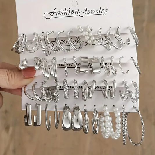 24 Pcs Fashion Vintage Hoop Earrings Set for Women Boho Metal Circle Geometric Twist Pearl Studs Earrings Trendy Jewelry Gifts