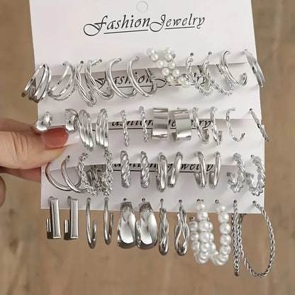 24 Pcs Fashion Vintage Hoop Earrings Set for Women Boho Metal Circle Geometric Twist Pearl Studs Earrings Trendy Jewelry Gifts