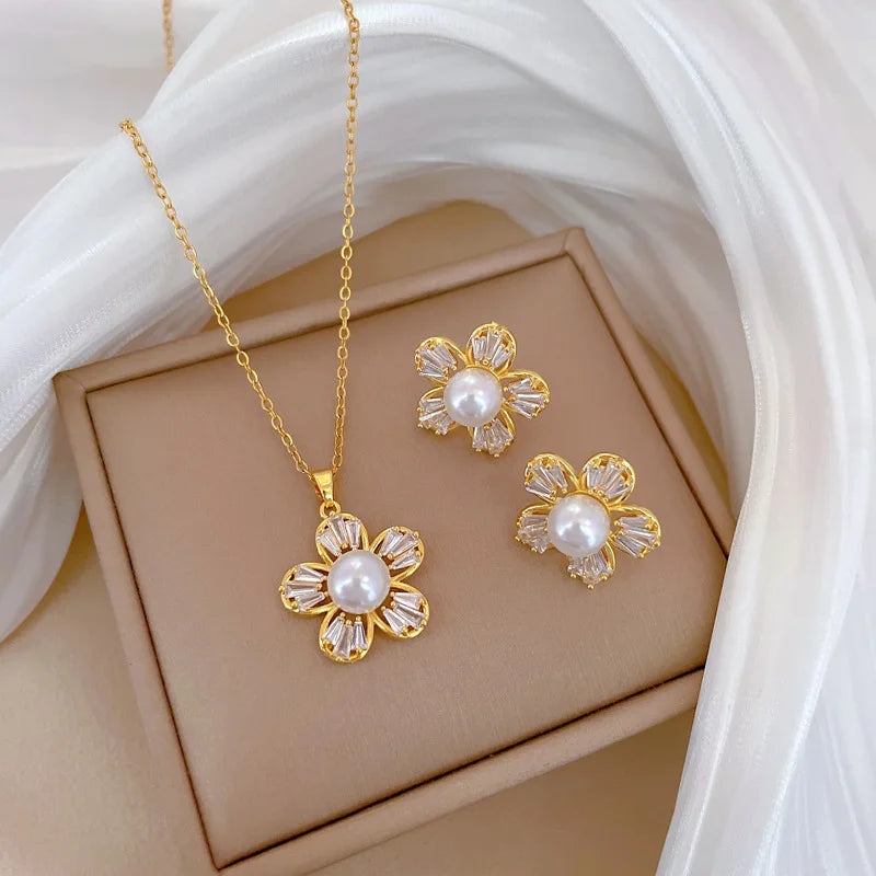 DIEYURO 316L Stainless Steel Butterfly Flower Bowknot Necklace Earrings For Women Girl New Concise Trendy Jewelry Set Gift Party