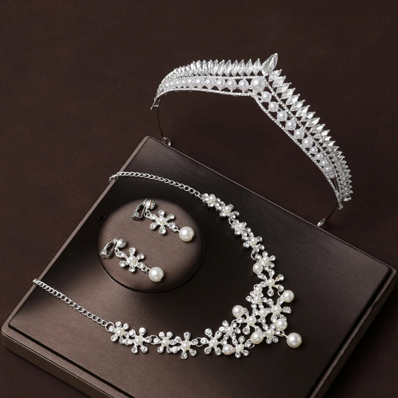 Itacazzo Bridal Headwear Set Crown Necklace Earrings Four Piece Classic Tiaras Suitable for Women's Wedding and Birthday Parties