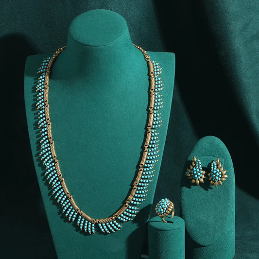 Blue Stone Beaded Necklace Vintage Jewelry Sets For Woman High Quality Luxury Gold Color Leaf Bohemian Accessories Retro Style