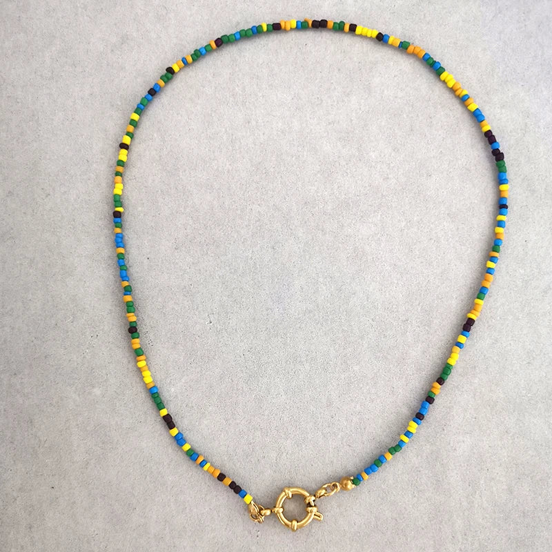 QMHJE Imitation Pearl Necklace Women Choker Seed Beads Rainbow Stainless Steel Clasp Sailor Buckle Base Chain Gold Color Boho