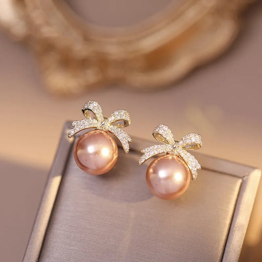 Sparkling Rhinestone Bow Pearl Stud Earrings Light Luxury Fashion Jewelry Women Gifts Wedding Birthday