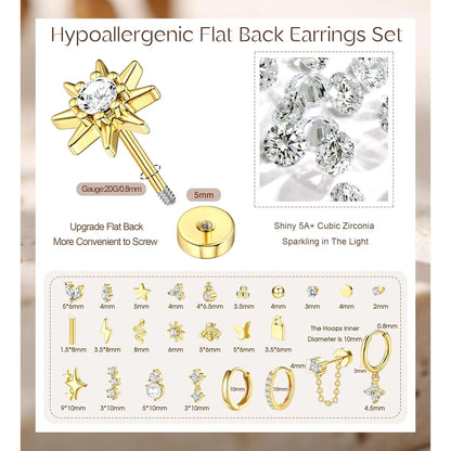 Bobisty 1pc Earrings for Sensitive Ears Surgical Stainless Steel Earrings for Women Dainty Flat Back Earring Stud Hoop Cartilage