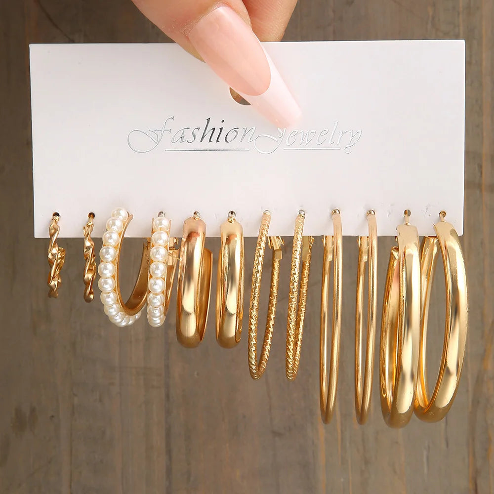 24 Pcs Fashion Vintage Hoop Earrings Set for Women Boho Metal Circle Geometric Twist Pearl Studs Earrings Trendy Jewelry Gifts