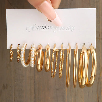 24 Pcs Fashion Vintage Hoop Earrings Set for Women Boho Metal Circle Geometric Twist Pearl Studs Earrings Trendy Jewelry Gifts