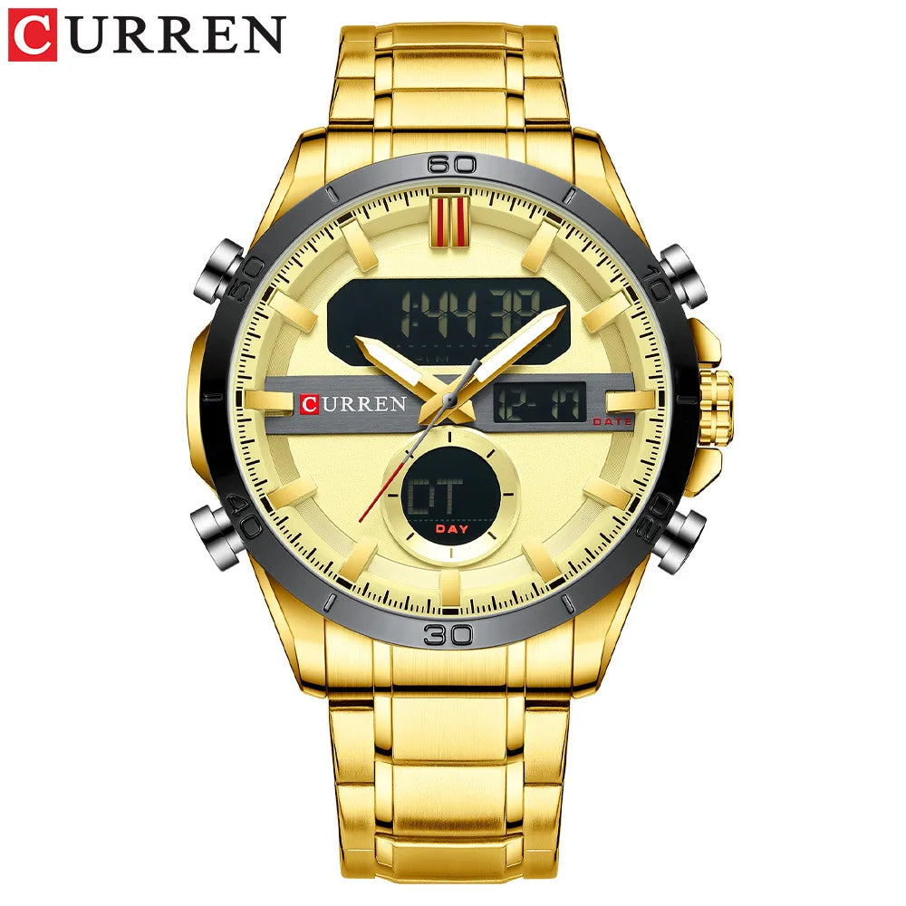 Curren 8384 Men's Multifunctional Watch, Dual-display Movement Luminous Calendar & Week Steel-strap Wristwatch