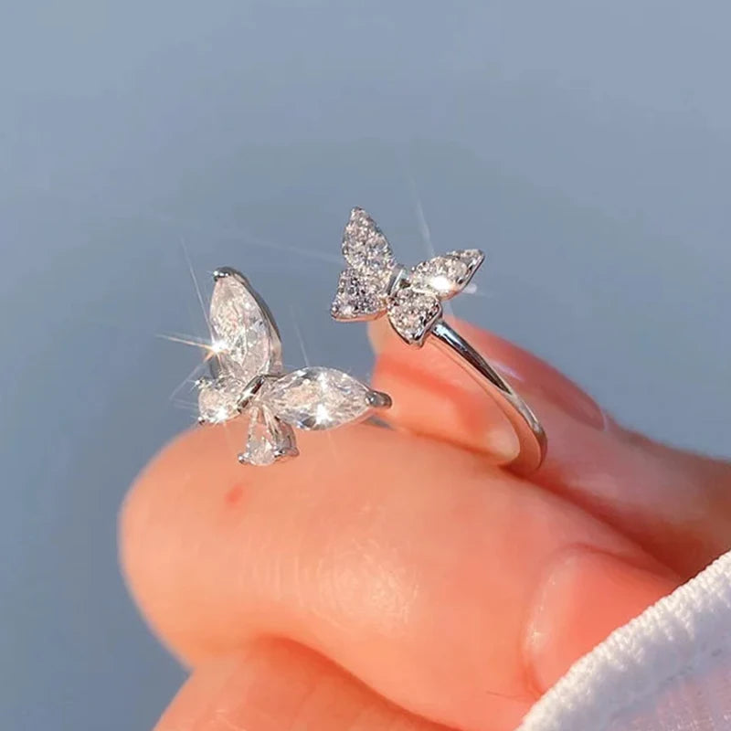 Huitan Shiny Uniquely Designed Butterfly Opening Rings for Women Simple Stylish Silver Color Rings Fashion Trendy Party Jewelry