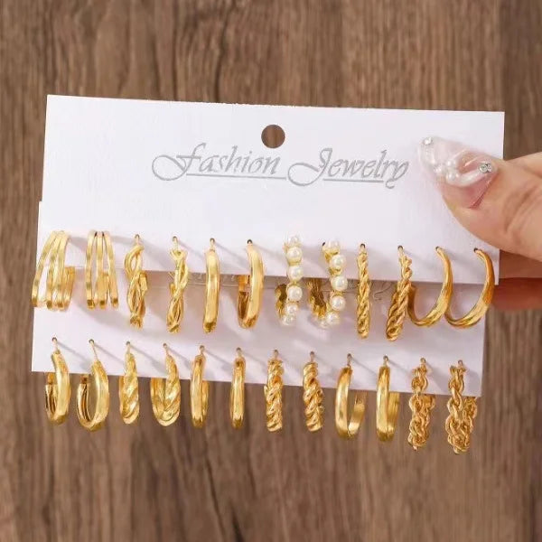 24 Pcs Fashion Vintage Hoop Earrings Set for Women Boho Metal Circle Geometric Twist Pearl Studs Earrings Trendy Jewelry Gifts