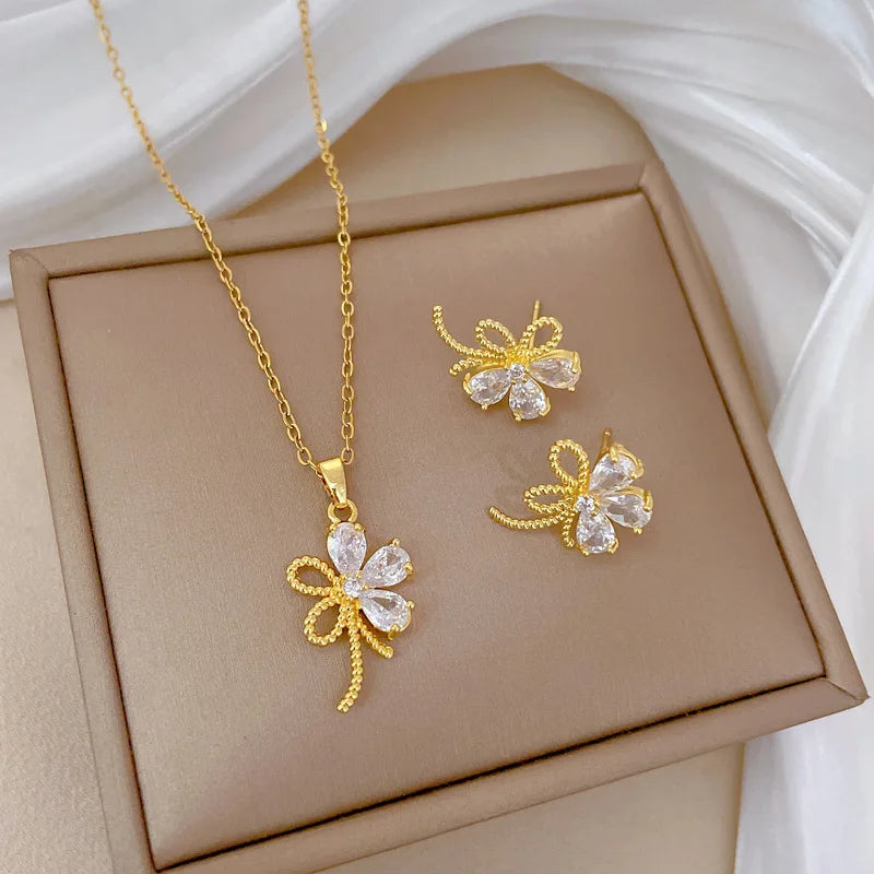 DIEYURO 316L Stainless Steel Butterfly Flower Bowknot Necklace Earrings For Women Girl New Concise Trendy Jewelry Set Gift Party