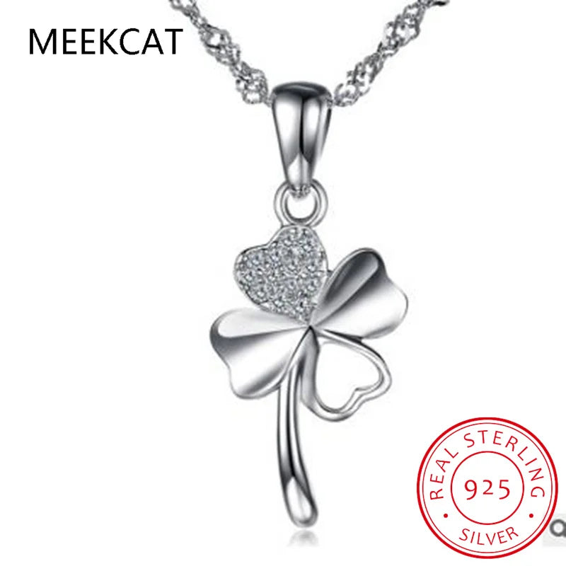 Cute Clover Style Crystal Pendants Necklace For Women Wedding Party Pure 925 Sterling Silver Lady Choker Necklaces Accessory