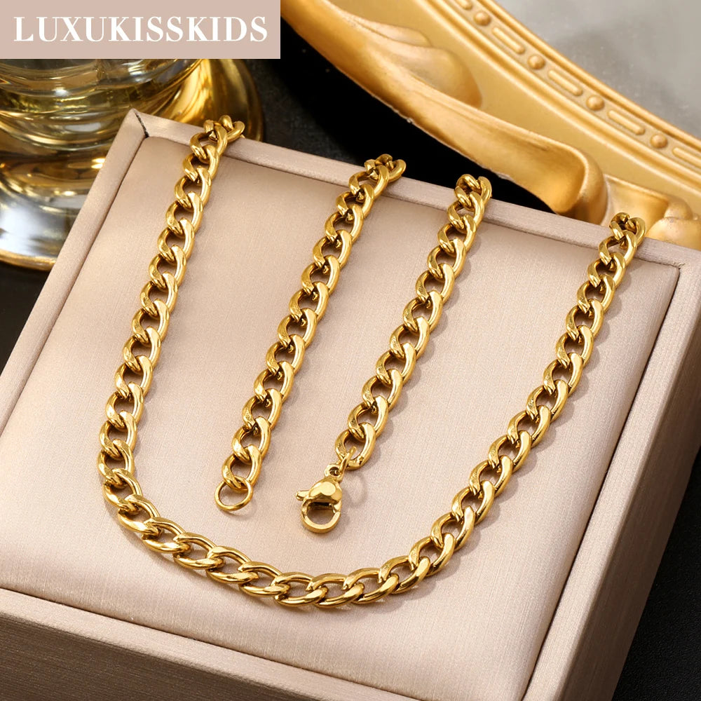 LUXUKISSKIDS Hip Hop Width 5/7MM Cuban Link Stainless Steel Chains Necklace for Men Basic Simple Rapper's Choker on Neck Jewelry
