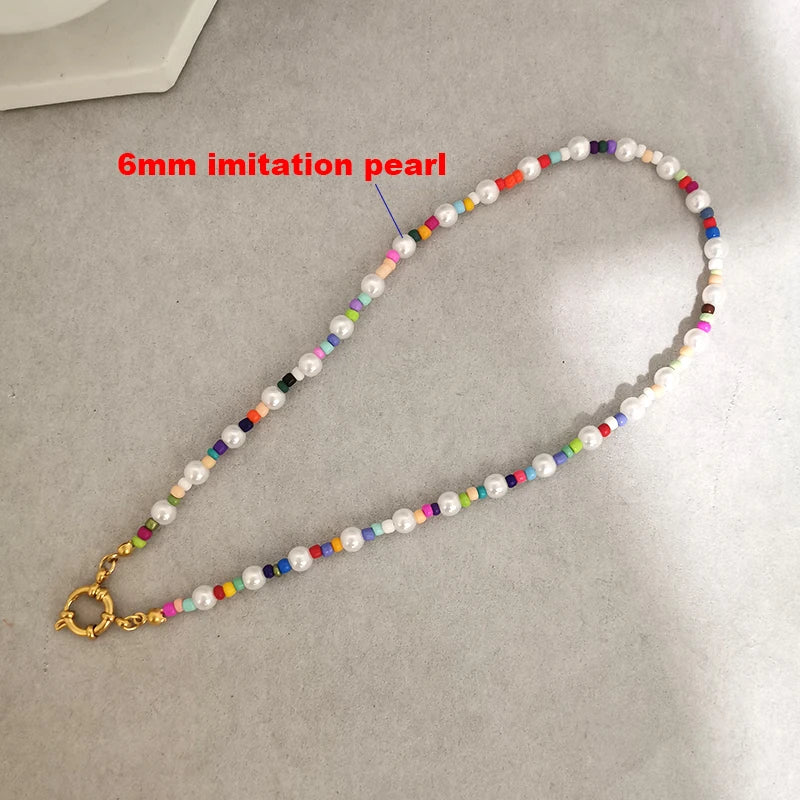 QMHJE Imitation Pearl Necklace Women Choker Seed Beads Rainbow Stainless Steel Clasp Sailor Buckle Base Chain Gold Color Boho