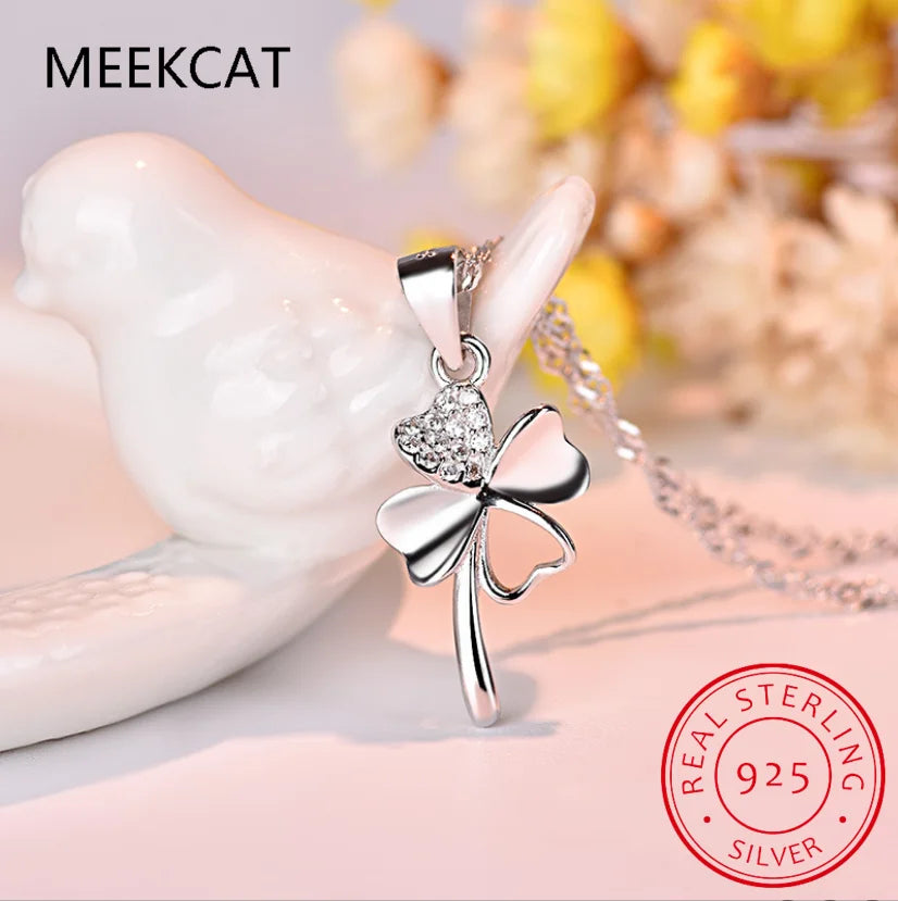 Cute Clover Style Crystal Pendants Necklace For Women Wedding Party Pure 925 Sterling Silver Lady Choker Necklaces Accessory