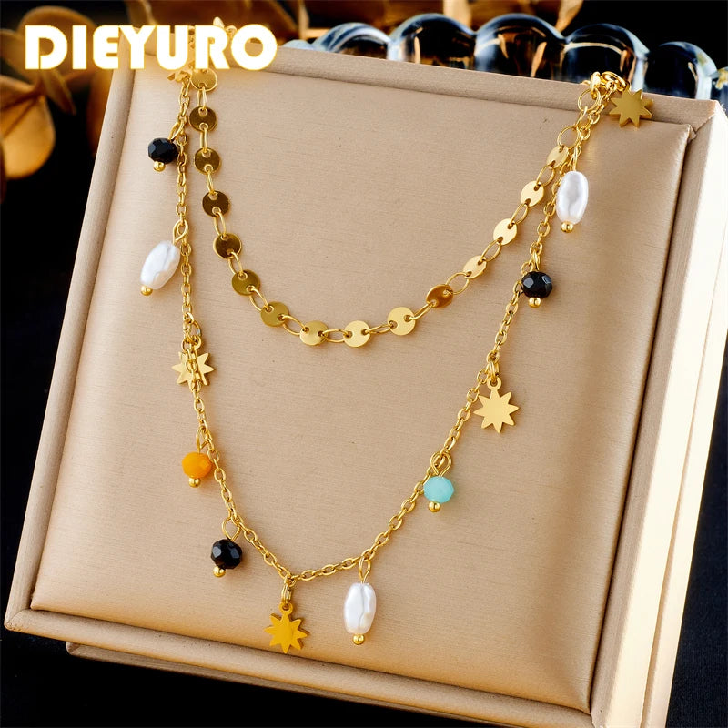 DIEYURO 316L Stainless Steel Geometry Pearl Pentacle Necklace New Delicate Fashion Gold Color Star Pendant Neck Jewelry Gifts