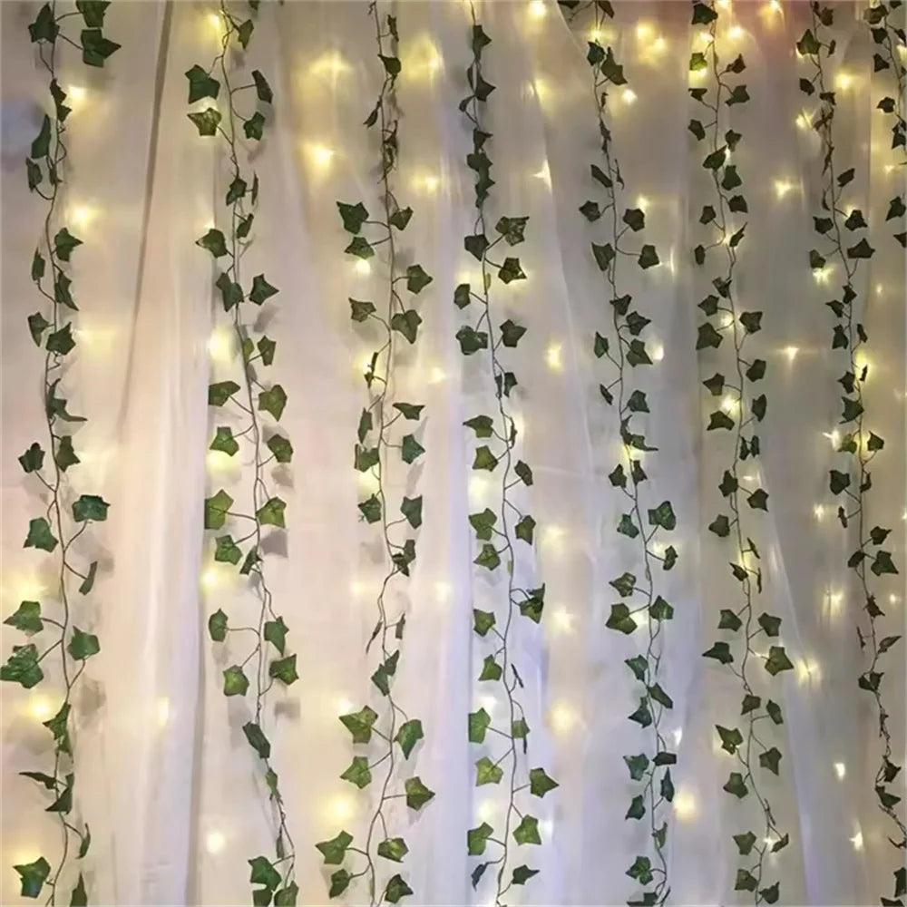 Green Ivy Leaf Plants Fairy Lamp Wedding Decor Artificial Fariry Garland LED Curtain Wall Hanging String Lights