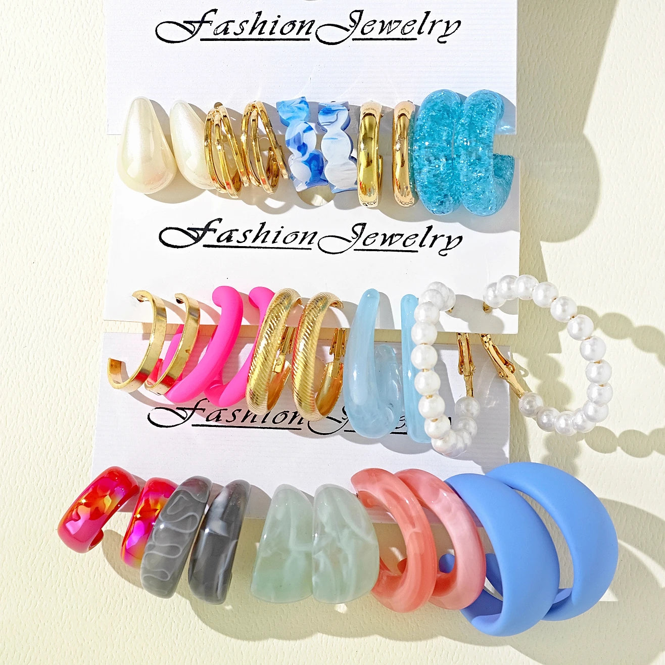 Bohemian Colorful Drop C Shape Glass Acrylic Hoop Earrings Geometric Faux Pearl Women Accessories