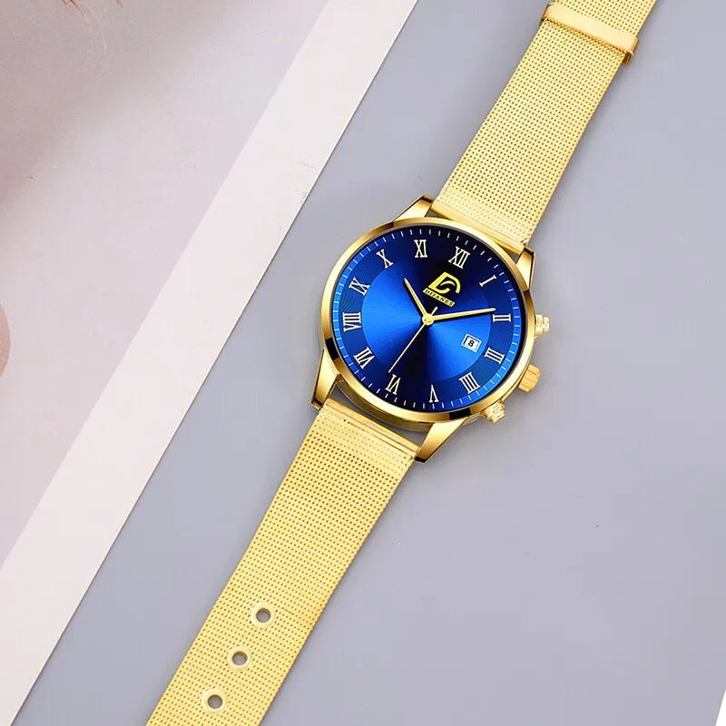 2PCS Set Fashion Mens Calendar Watches Luxury Men Business Golden Mesh Belt Quartz Watch Male Necklace Wristwatch