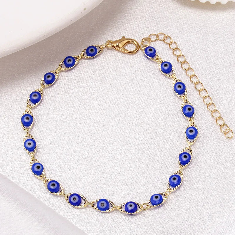 Bohemian Oval Evil Blue Eye Charm Bracelet Gold Silver Color Brass Chain Bracelets for Women Men Prayer Jewelry