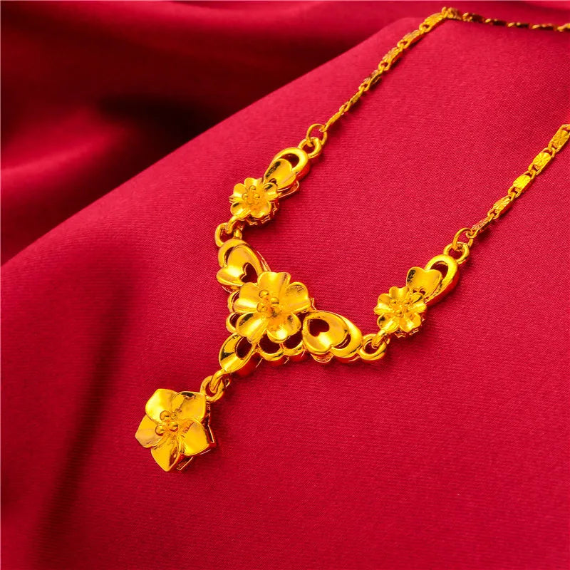 Yellow Gold Plated Multi Flowers Pendant Choker Necklaces for Women 18 inch Collar Wedding Bridal Jewelry Accessories Gifts