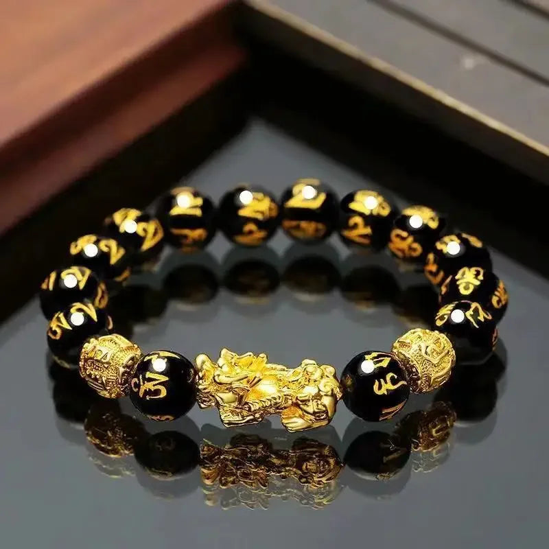 1pc Black Obsidian Stone Beads Pixiu Bracelet for Wealth Luck, Lucky Bracelet for Women Men