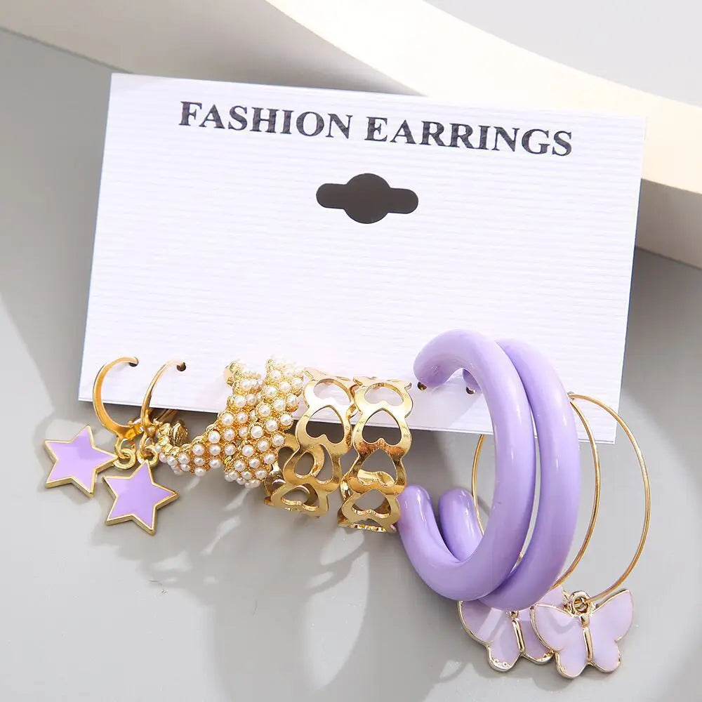 A set of 5 purple butterfly earrings, a retro earring set, and an exquisite and fashionable earring set