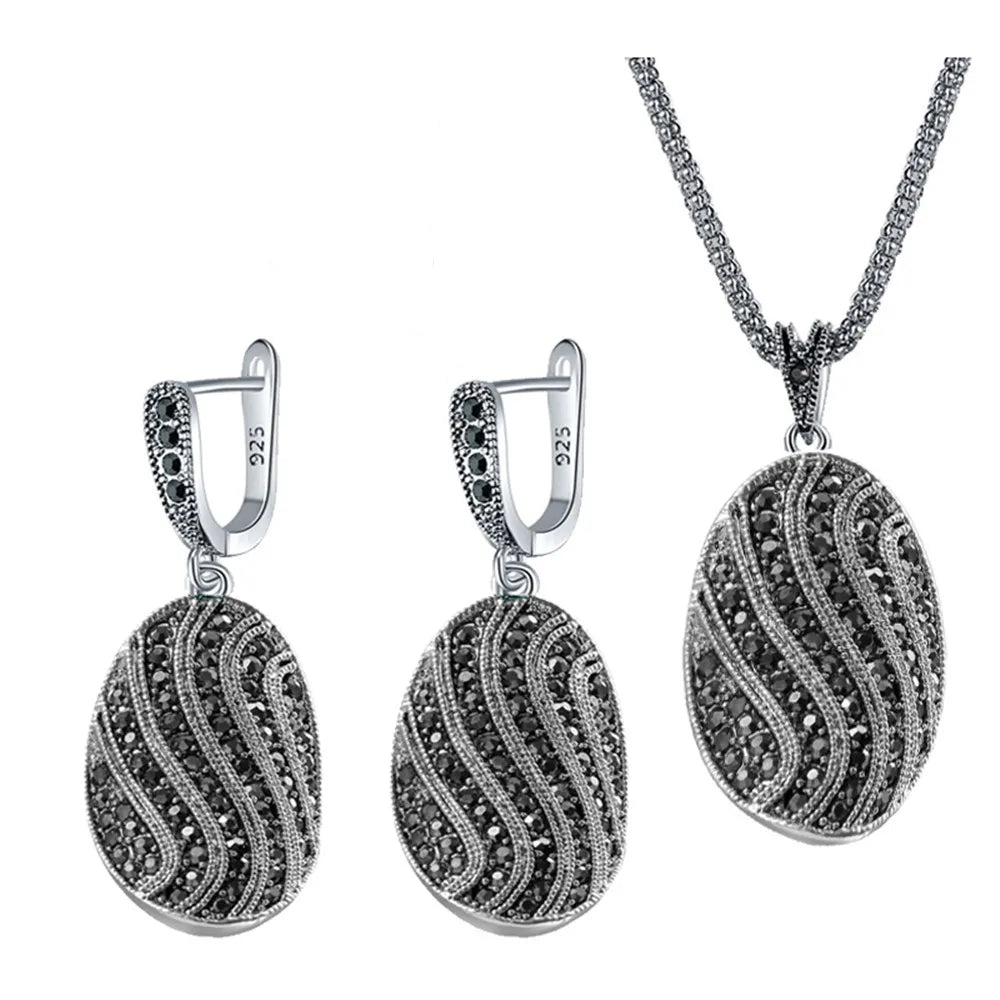 Ajojewel S-shaped Vintage Ladies Jewelry Necklaces And Earring Set Full Rhinestone Black Ring Retro Items Collection