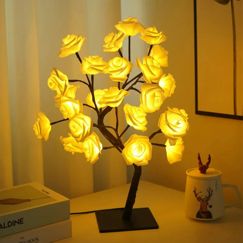 Rose Blossom Tree Night Light LED Lighted Tabletop Artificial Flower Bonsai Tree Lamp USB Gifts for Christmas Home Decor