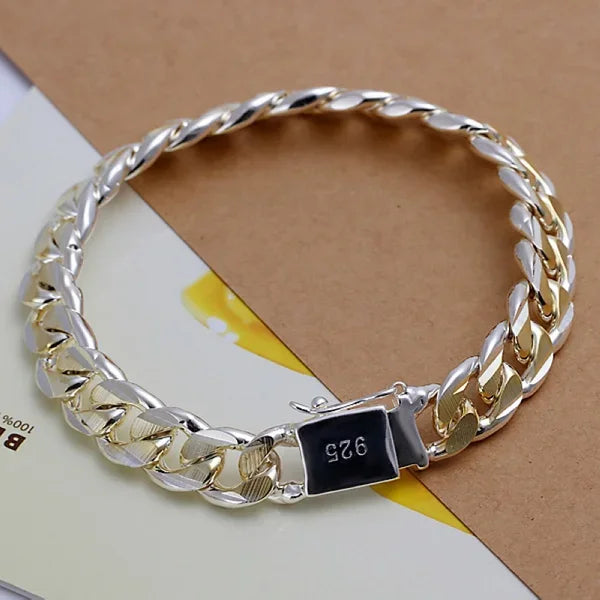 925 Sterling Silver Square Buckle 10MM Side Chain Solid Bracelet for Women Men Charm Party Gift Wedding Fashion Jewelry