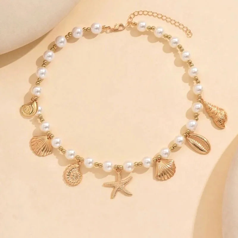 Bohemia Conch Starfish Imitation Pearl Necklace for Women Luxury Exquisite Beaded Shell Pendant Necklace Beach Holiday Jewelry